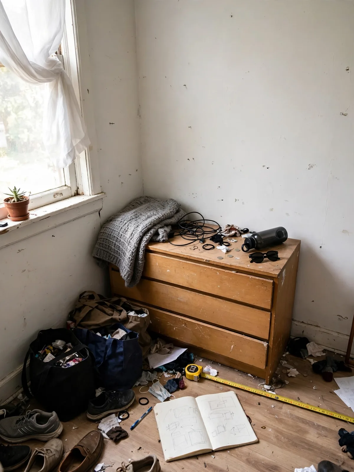 Small apartment corner before organizing, with a tape measure and notebook on the floor beside cluttered shoes and bags, showing empty wall space above a low dresser