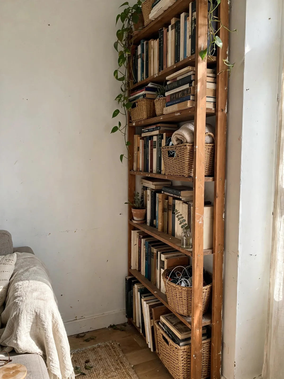 Tall narrow bookshelf in a small apartment living room filled with books, woven baskets and a plant, reaching close to the ceiling