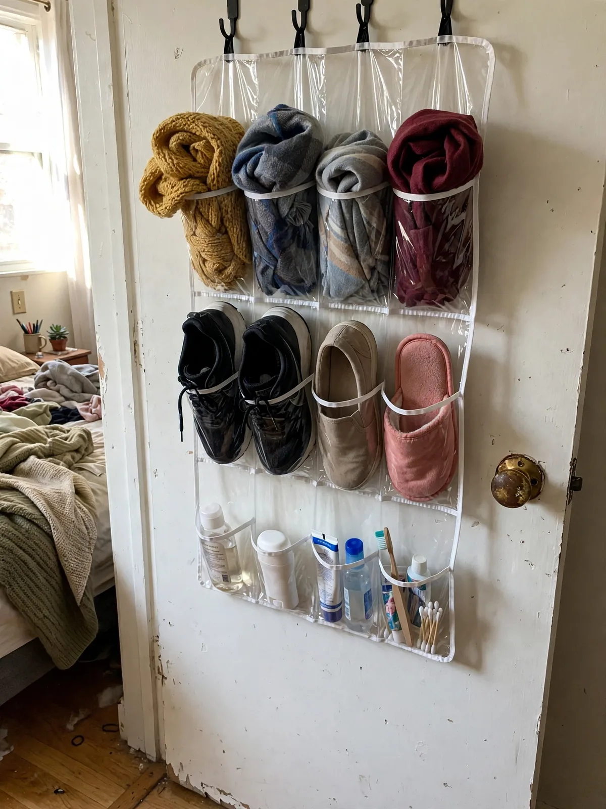 Clear-pocket over-door organizer hanging on a small apartment bedroom door, holding shoes, scarves and toiletries