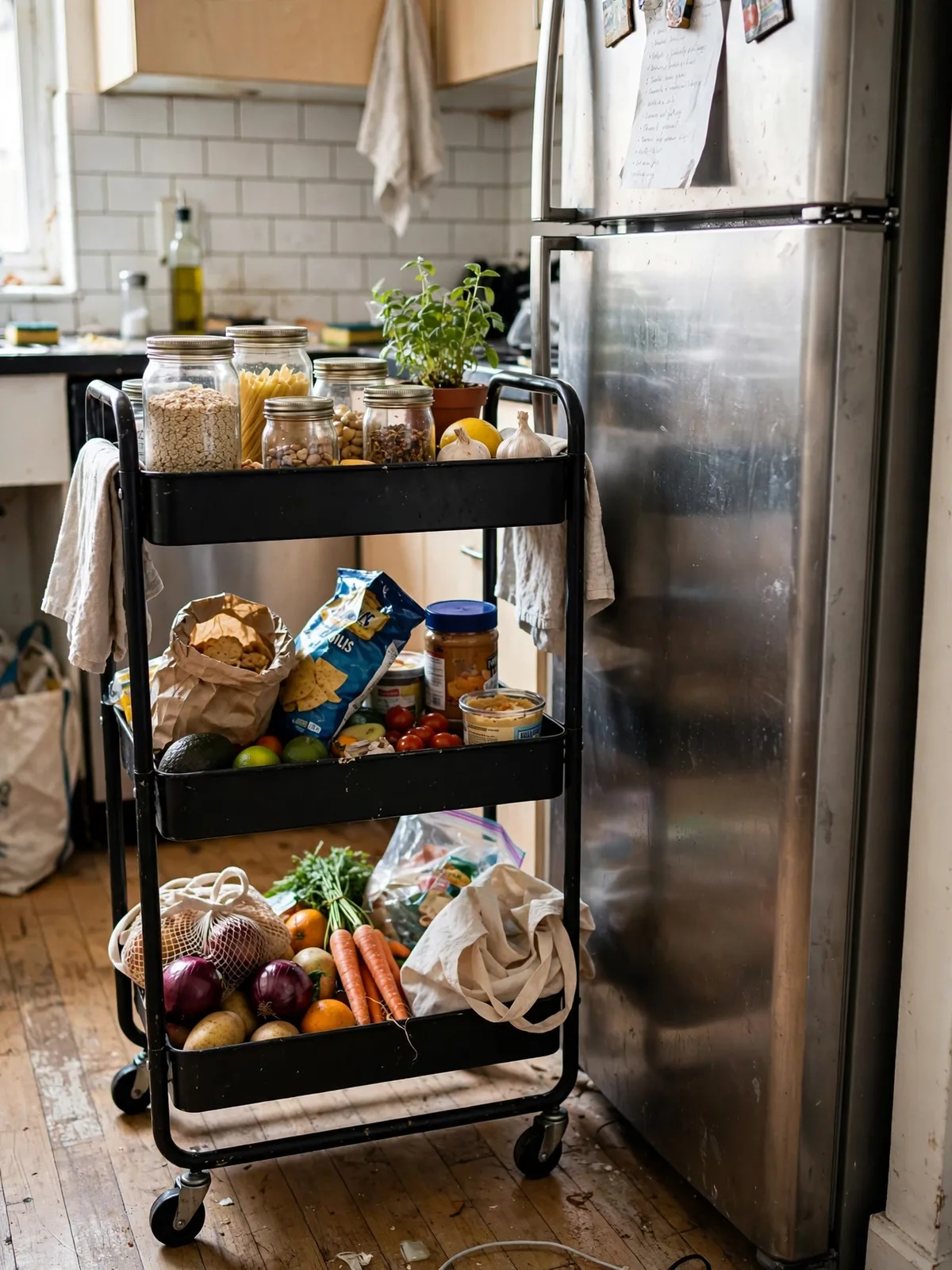 Three-tier rolling cart used as a small pantry beside a fridge in a tiny apartment kitchen, loaded with jars, snacks and fresh produce