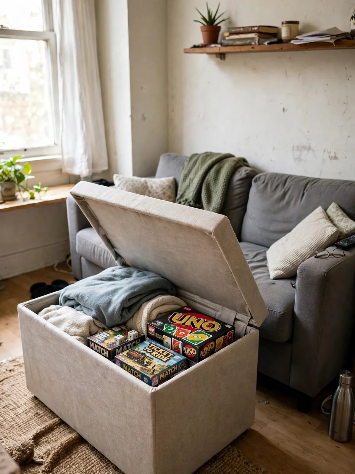 Fabric storage ottoman in a small apartment living room with the lid lifted, showing blankets and board games stored inside, next to a compact sofa