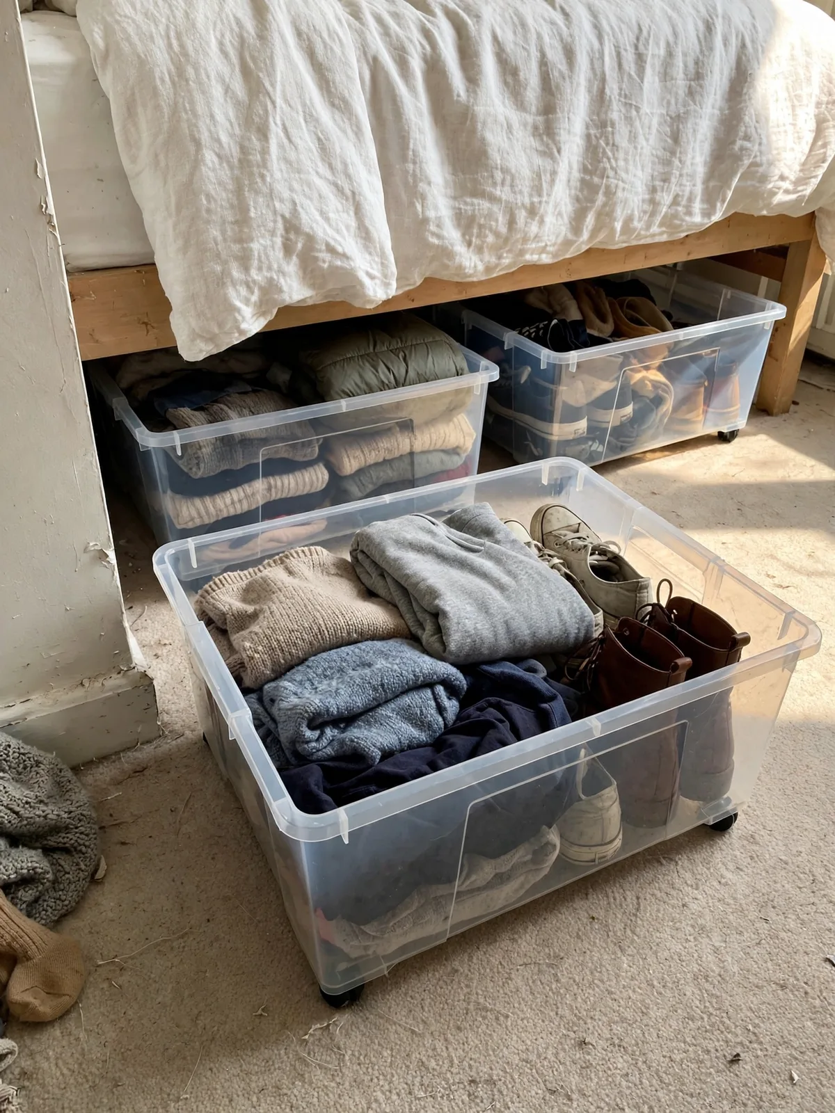 Low clear storage bins slid under a bed in a small apartment bedroom, one pulled out to show folded off-season clothes