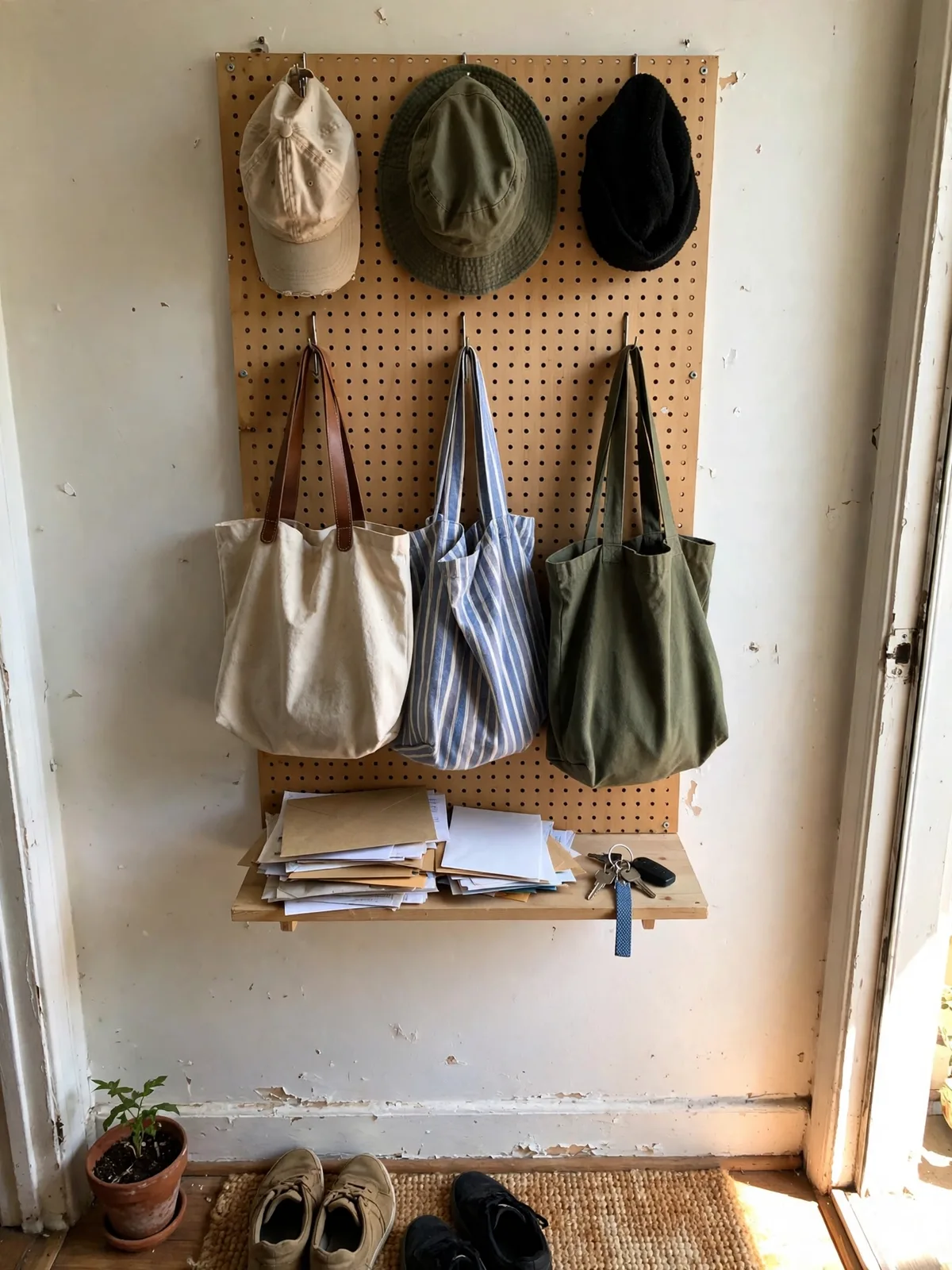Pegboard on a tiny apartment entryway wall holding keys, hats, tote bags and a small shelf with mail and sunglasses