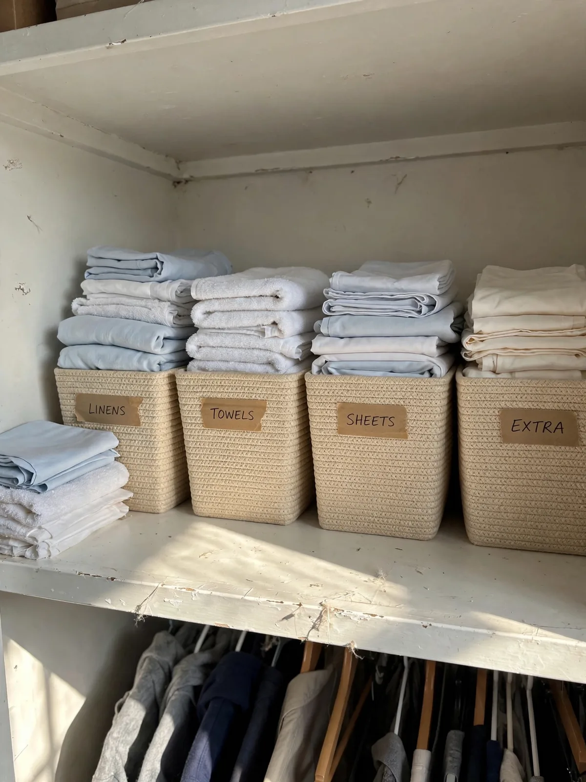 Top shelf of a small apartment closet organized with uniform bins and neatly folded spare linens in tidy stacks