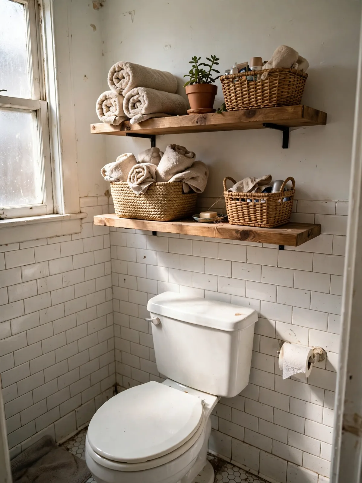 Two floating wooden shelves above a toilet in a tiny apartment bathroom, holding rolled towels, a small plant and woven baskets