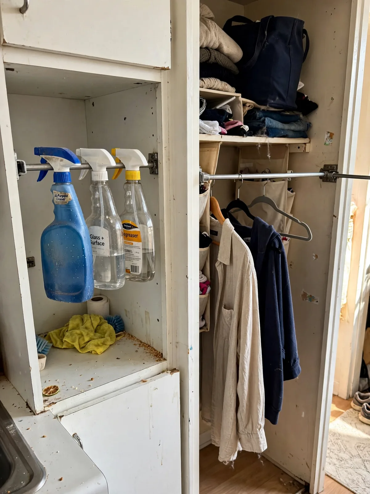 Tension rod fitted inside a small apartment kitchen cabinet with spray bottles hanging by their trigger handles, freeing the cabinet floor