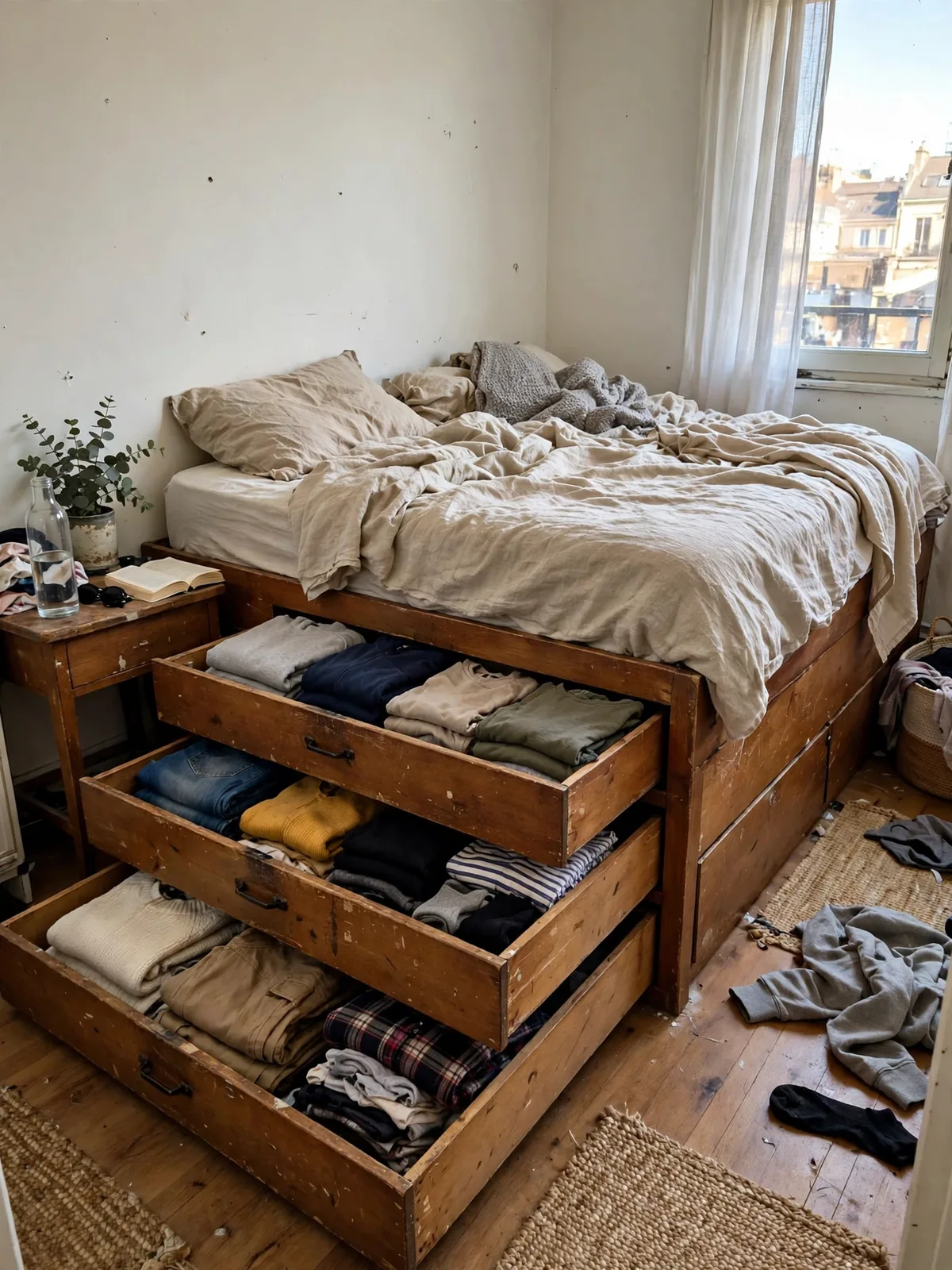 Platform bed frame with built-in drawers pulled open in a small apartment bedroom, drawers filled with folded clothes