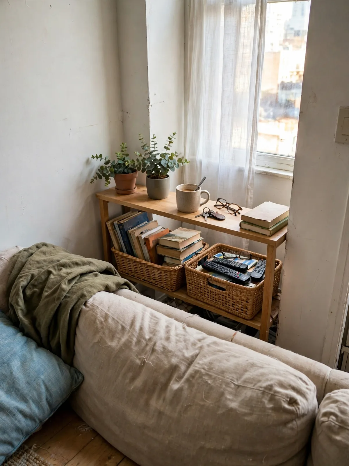 Slim console table tucked behind a sofa in a small apartment, with baskets underneath holding books, remotes and a charging cable