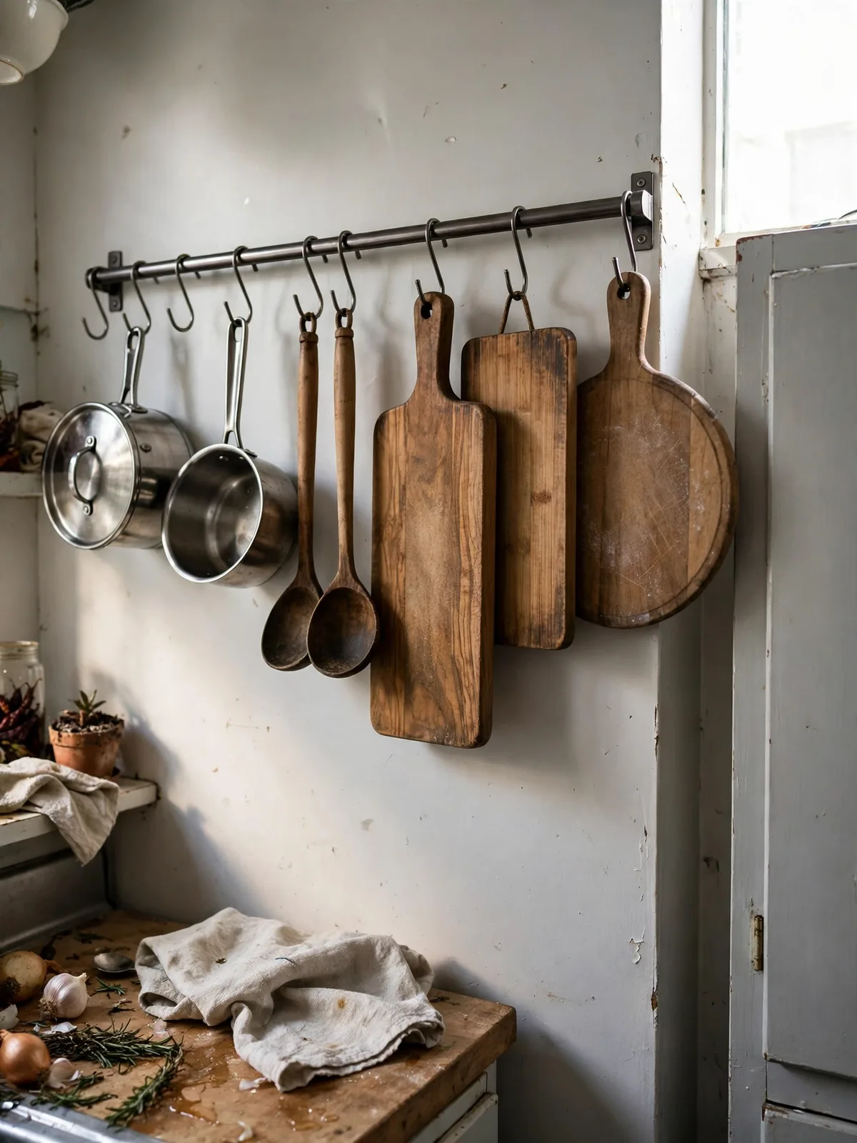Metal wall rail in a tiny apartment kitchen with pots, ladles and a cutting board hanging from hooks above the counter