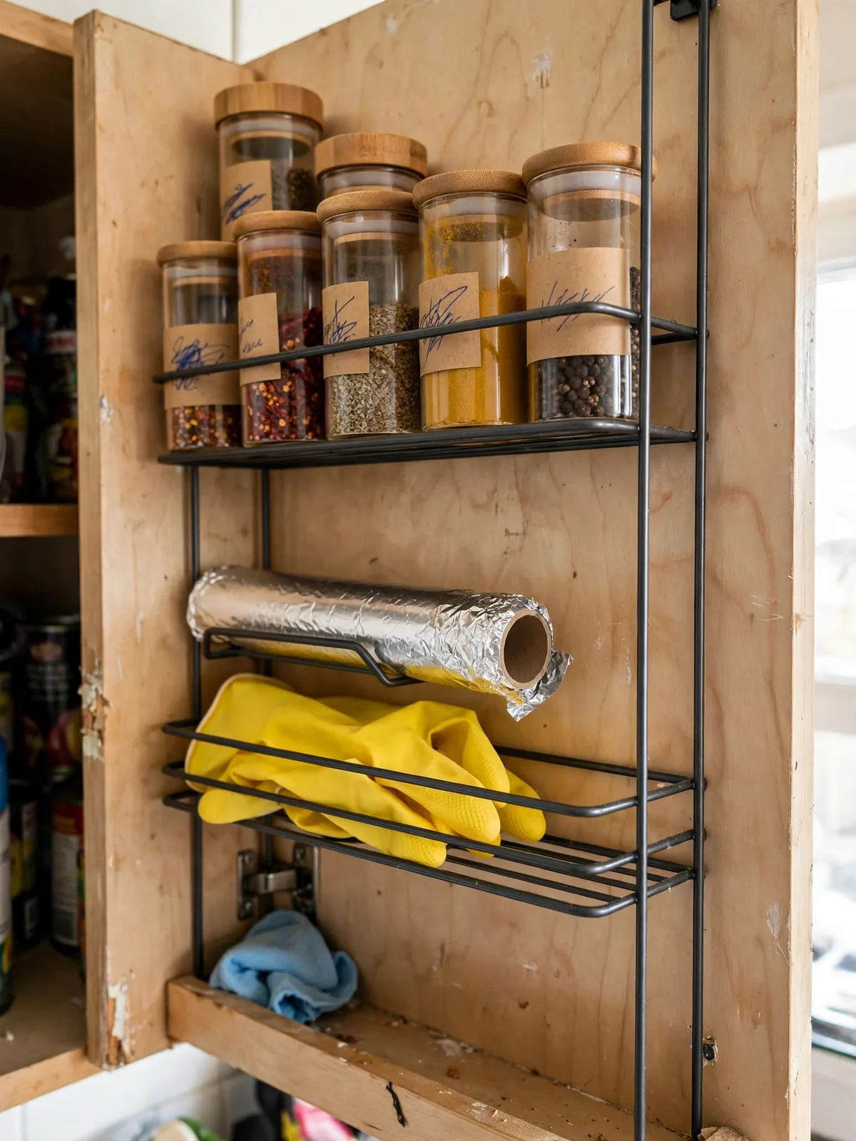 Inside of a small apartment cabinet door fitted with slim racks holding spice jars, foil boxes and cleaning gloves