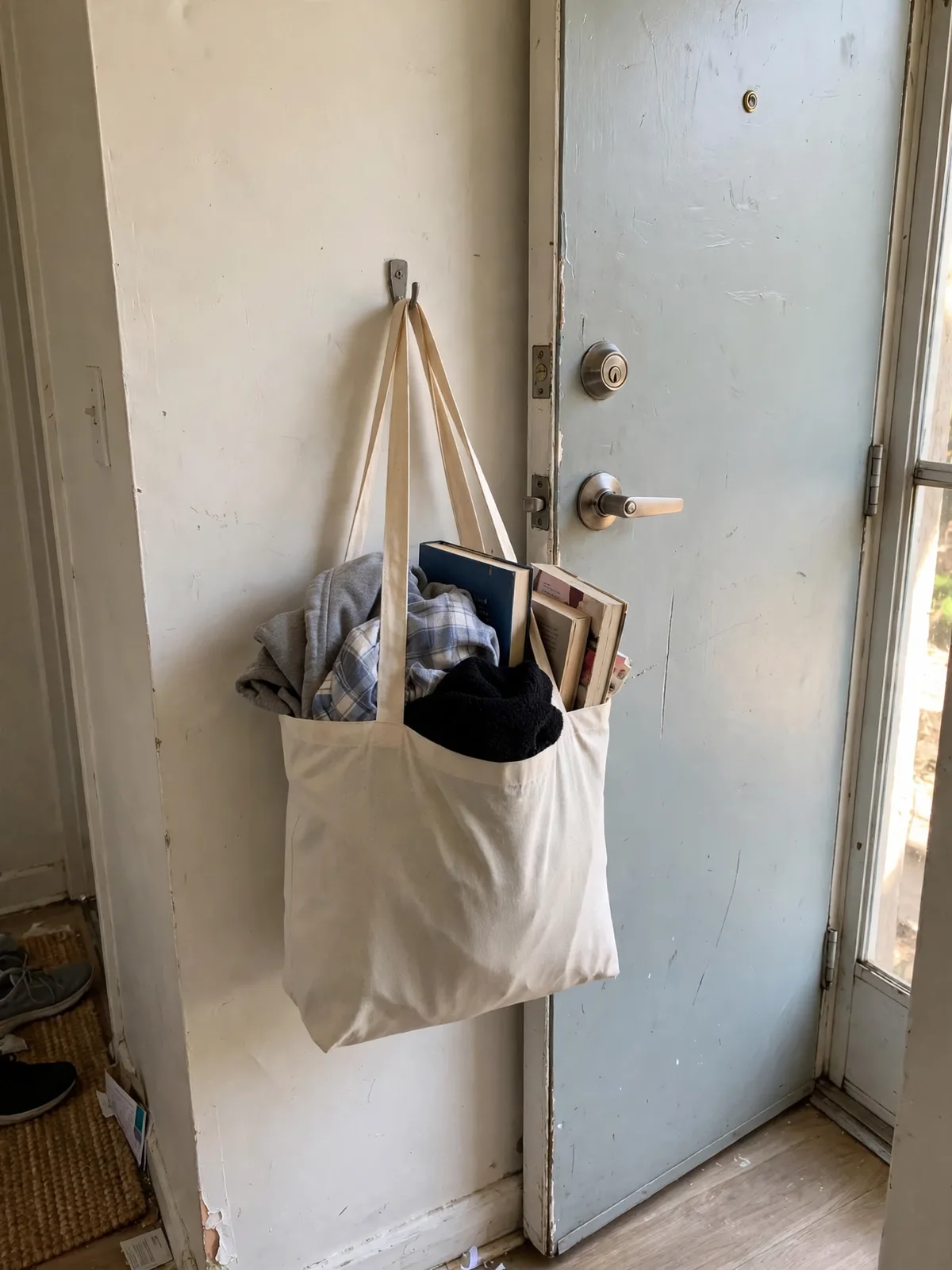 Simple tote donation bag hanging by a small apartment front door with a few folded clothes and books inside, ready to go out