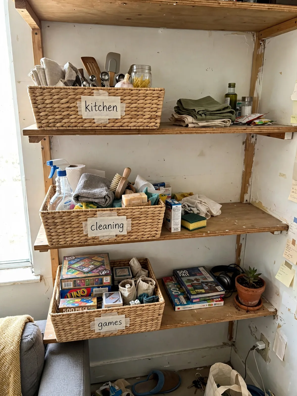 Open shelves in a small shared apartment with baskets carrying simple handwritten labels for cleaning supplies, games and kitchen extras
