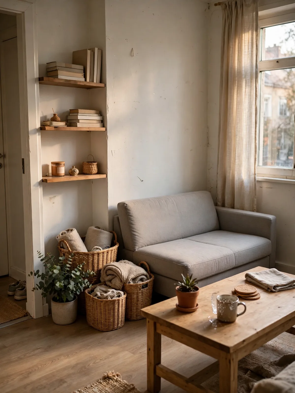 Calm, tidy small apartment living area in soft afternoon light after a quick reset, with baskets in place and a clear sofa