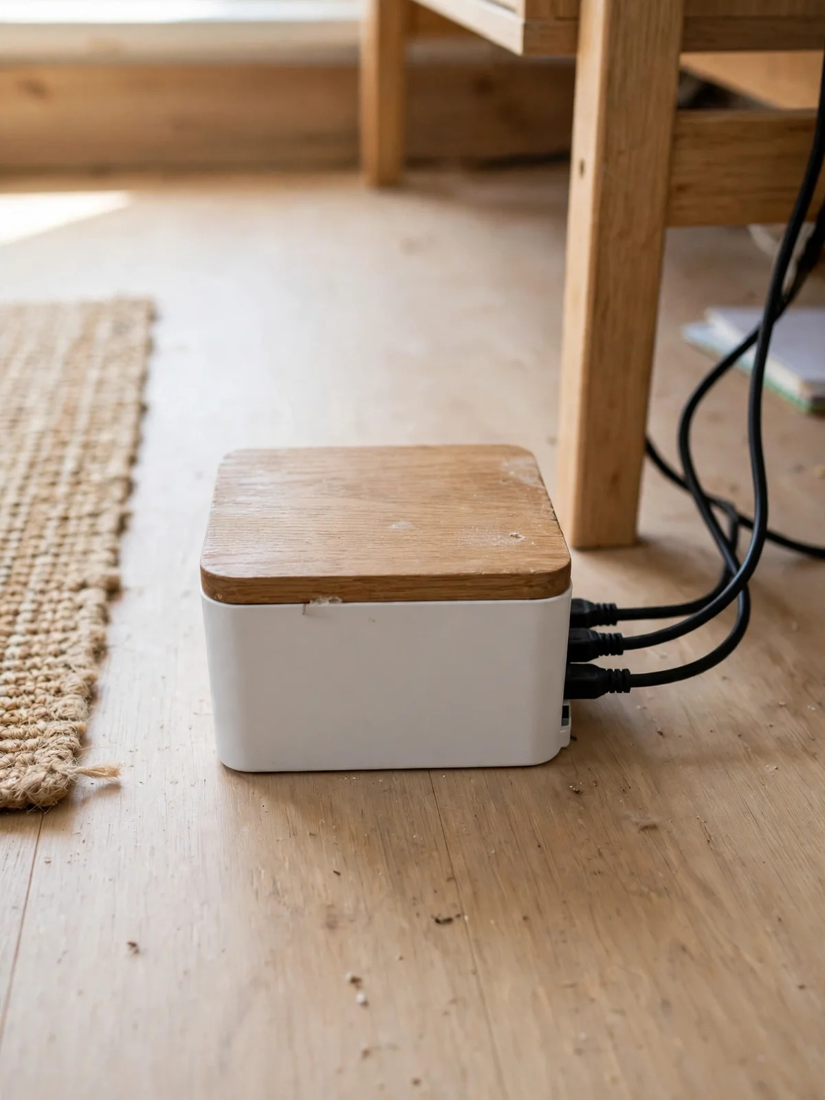 White cable management box with a wooden lid on the floor beside a desk leg with black cords entering neatly through the side slots