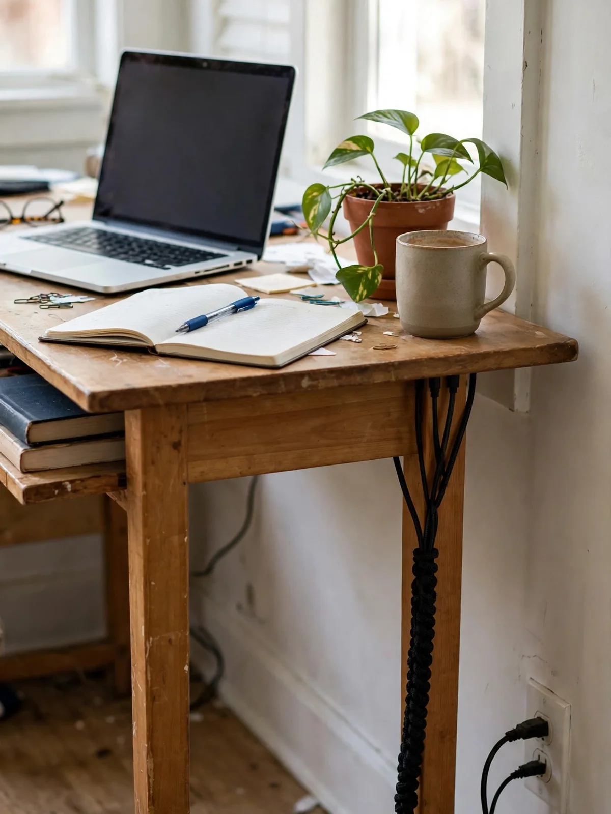 Black braided cord sleeve running down a wooden desk leg carrying cables from a laptop desk neatly to the wall outlet