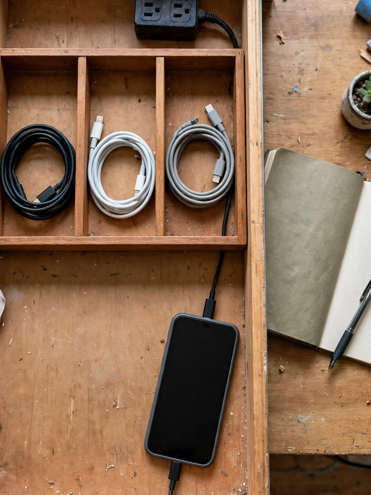 Open desk drawer with three charging cables coiled in separate divider compartments, a small power block at the back and a phone charging inside