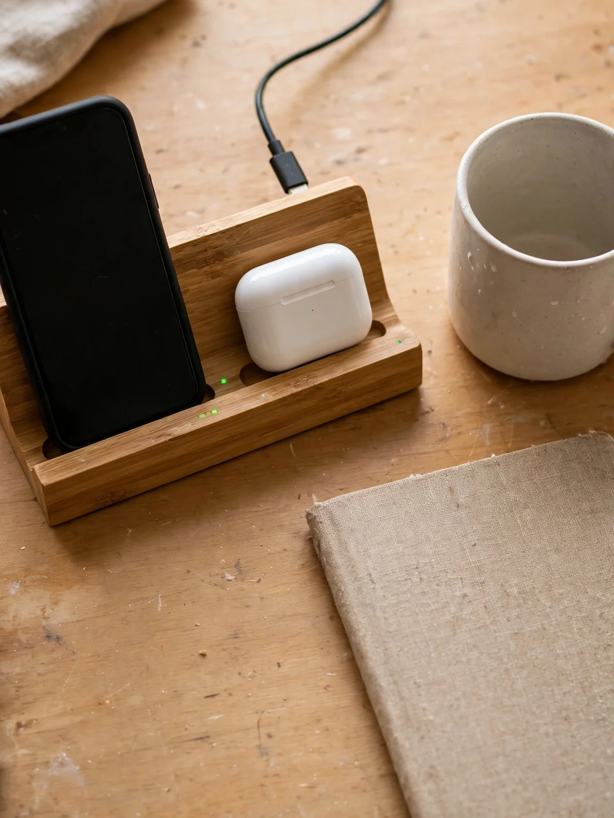 Bamboo desktop charging station on a wooden desk holding a phone and an earbuds case with a single cable leaving the back of the dock