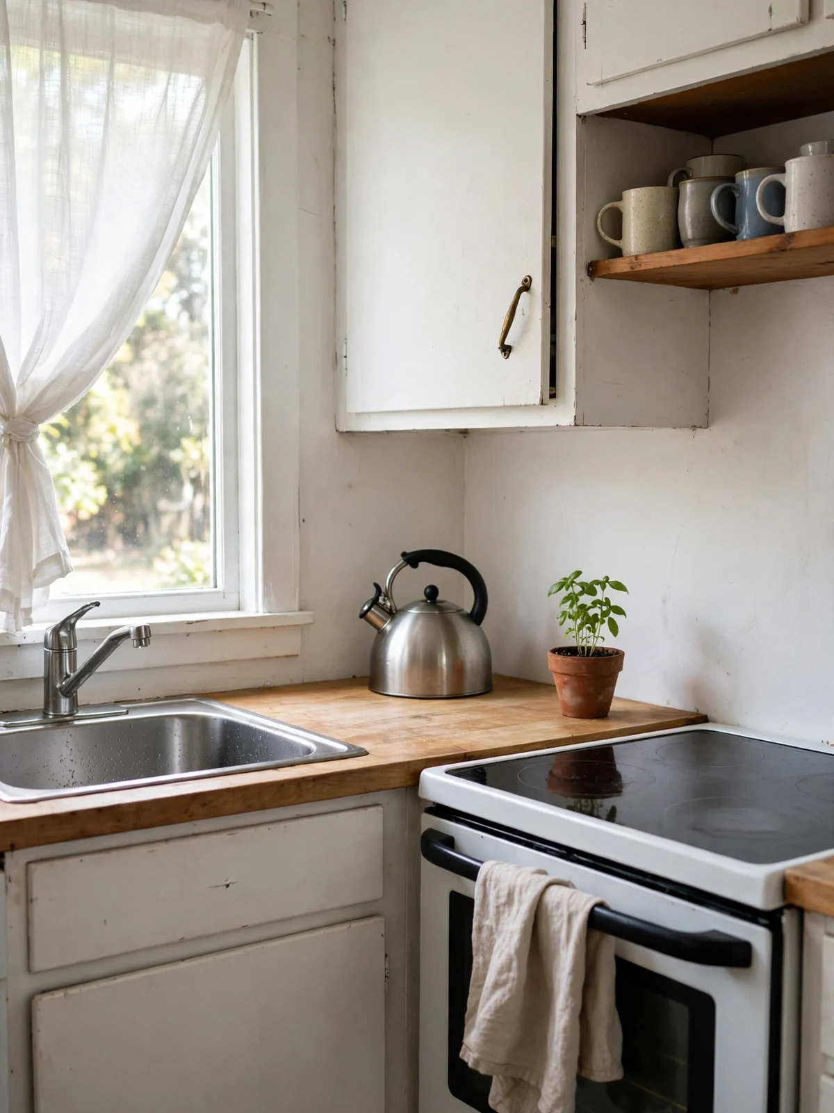 A freshly decluttered kitchen with clear wooden worktops, a kettle and a small potted herb by the sink