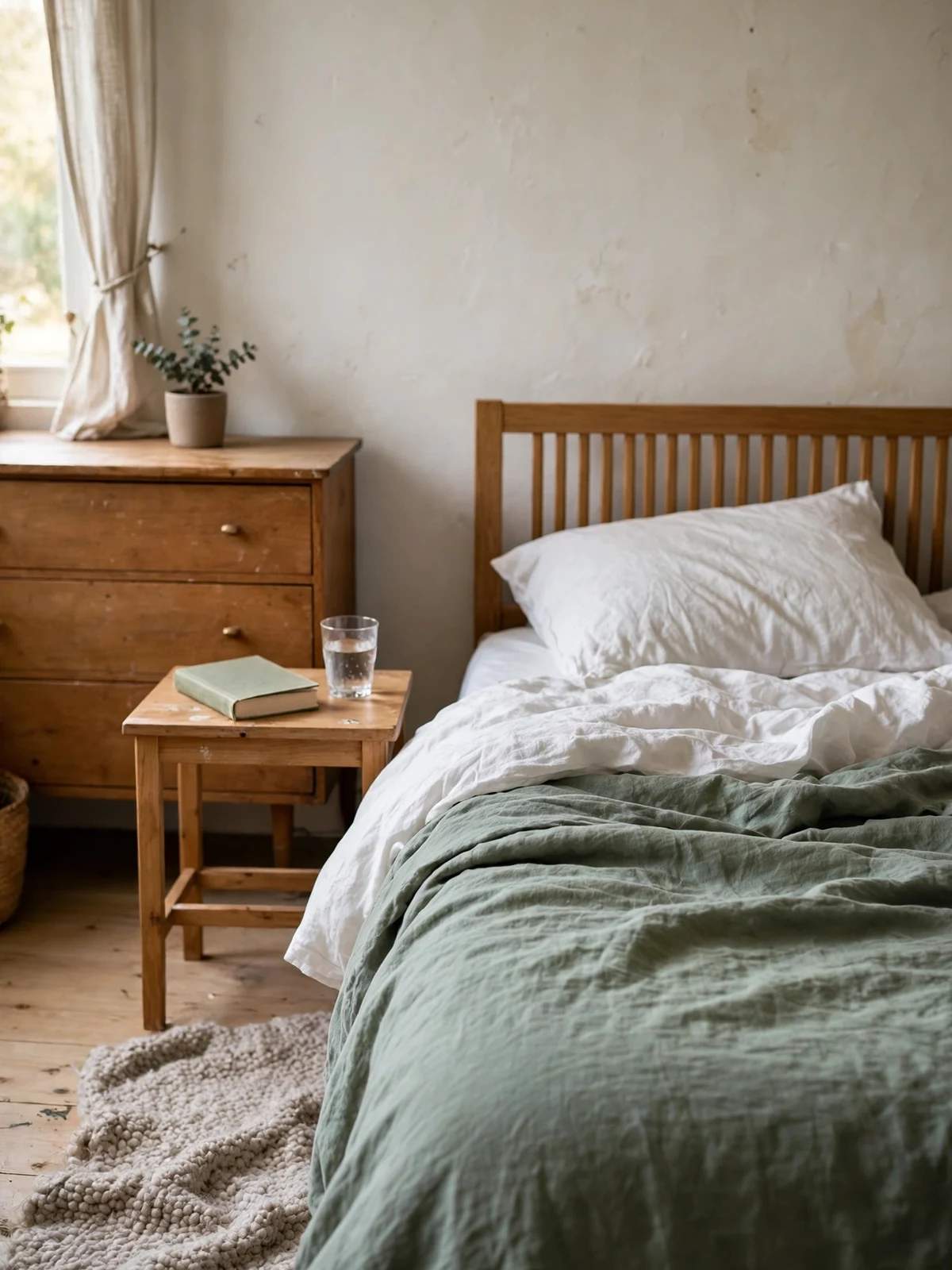 A serene decluttered bedroom with a neatly made bed, clear nightstand holding one book and a glass of water