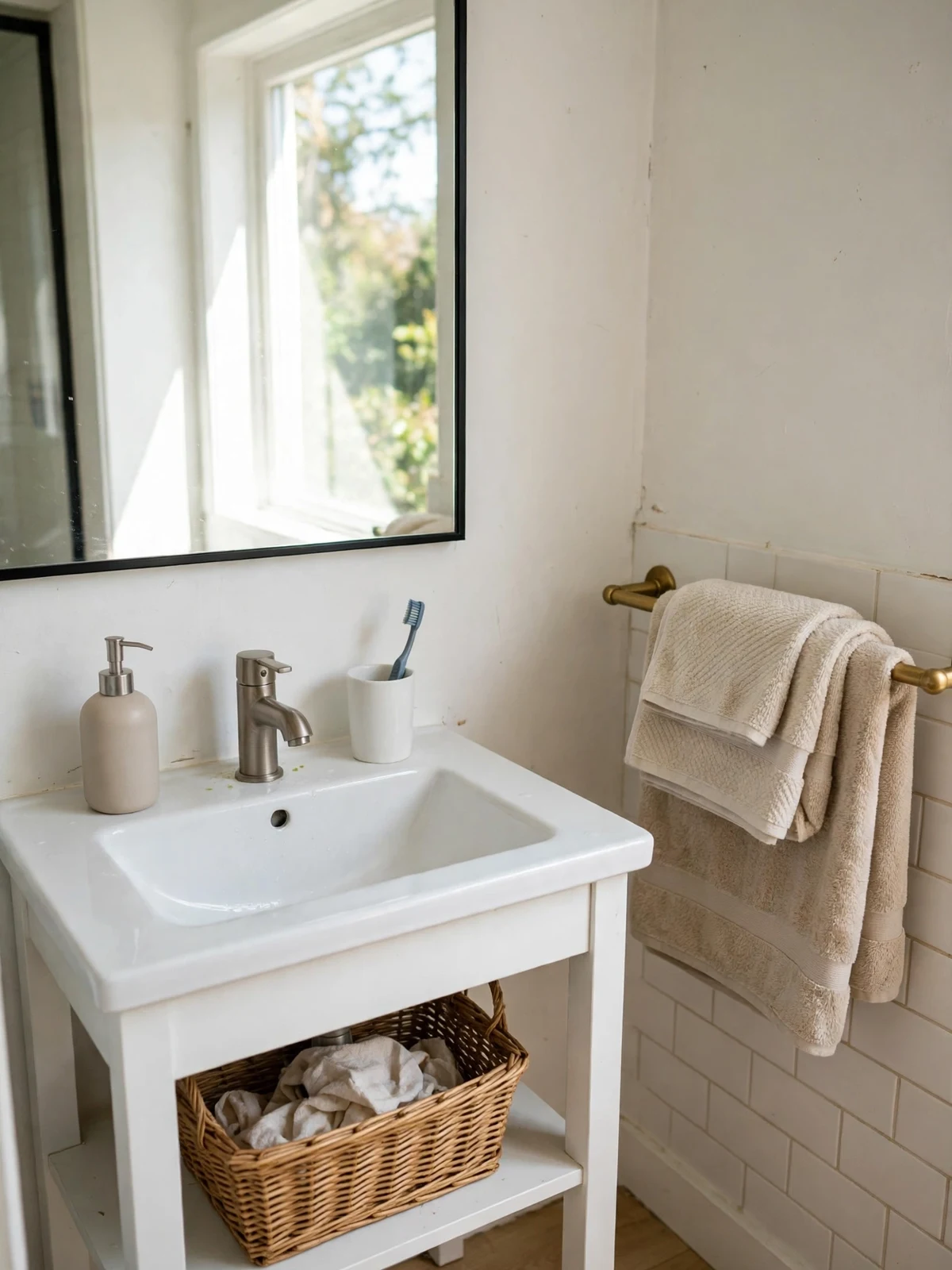 A tidy decluttered bathroom with a clear sink counter, folded towels on a rail and a basket underneath