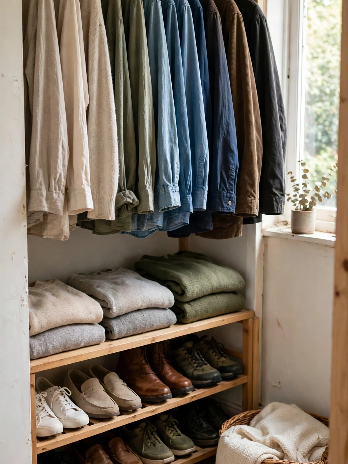 A decluttered closet with clothes hanging with breathing room, folded jumpers on a shelf and shoes on a rack below