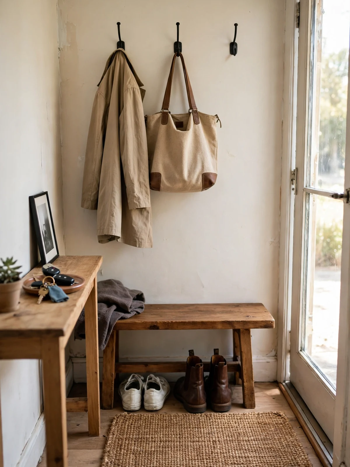 A neat decluttered entryway with a wooden bench, two pairs of shoes underneath, hooks with a coat and bag, and a key tray