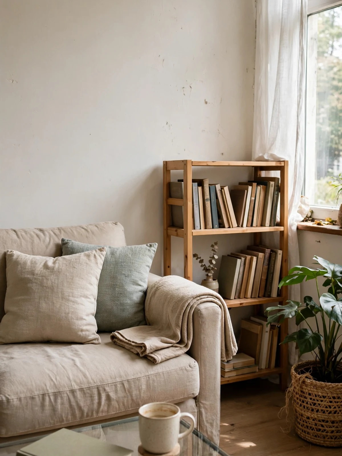 A calm decluttered living room with a sofa, clear coffee table, bookshelf with breathing room and a plant by the window