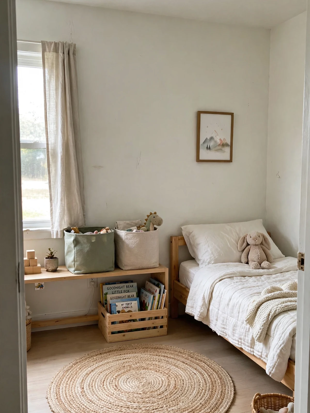 A tidy decluttered kids' bedroom with two toy bins on a low shelf, a book crate and a clear floor with a round rug