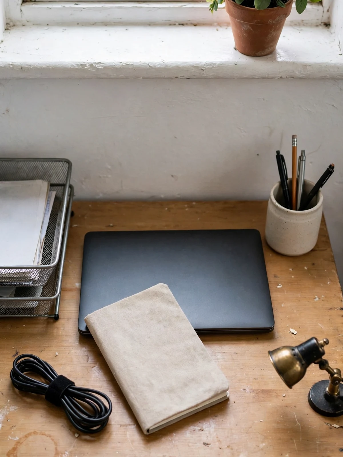 A tidy decluttered home office desk with a closed laptop, one notebook, a pen pot and a paper tray in natural light