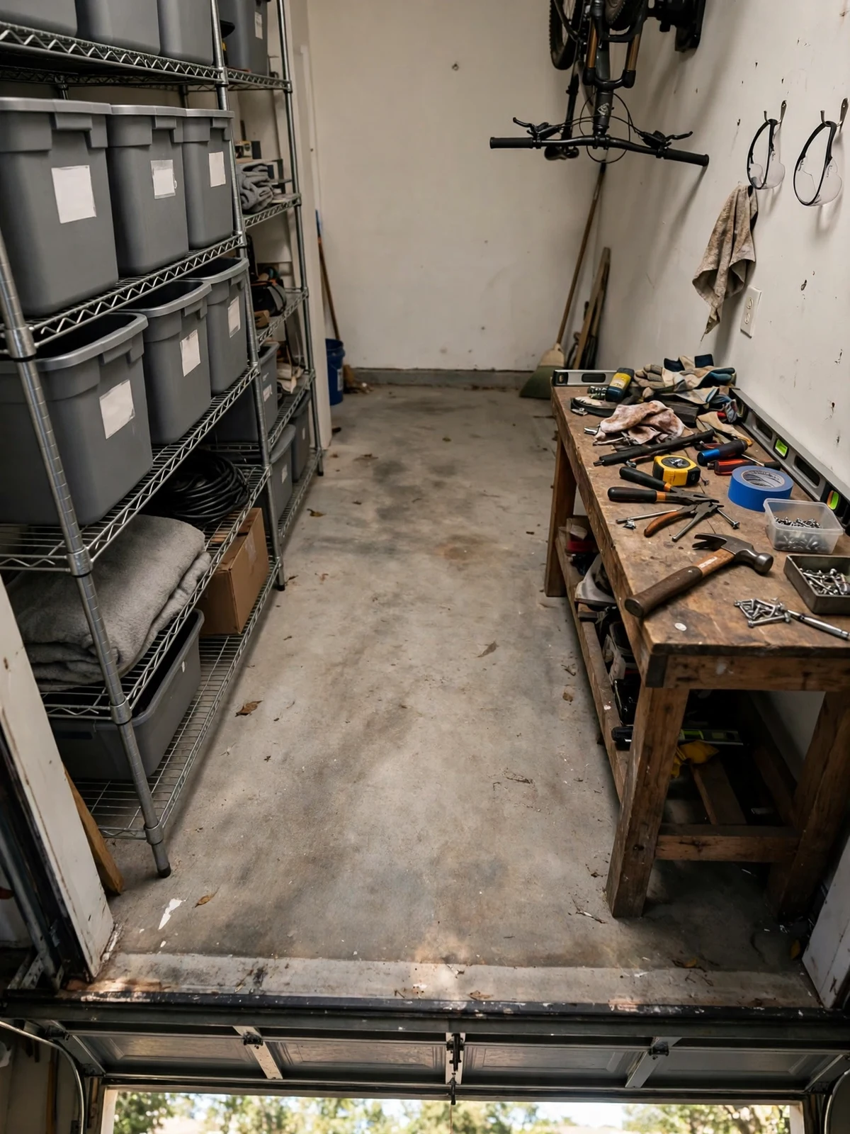 A decluttered garage with a clear floor, plain storage bins on metal shelving, a bike on the wall and a tidy workbench