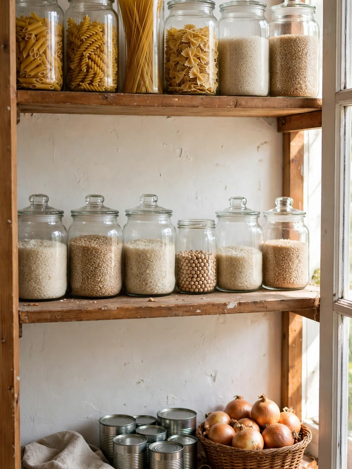 A neat decluttered pantry with glass jars of pasta and rice in rows, grouped tins and a basket of onions