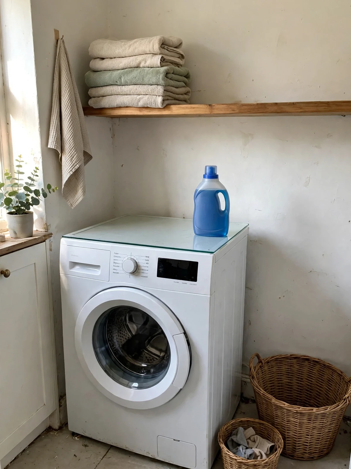A small tidy laundry room with a washing machine, one detergent bottle, folded towels on a shelf and an empty laundry basket