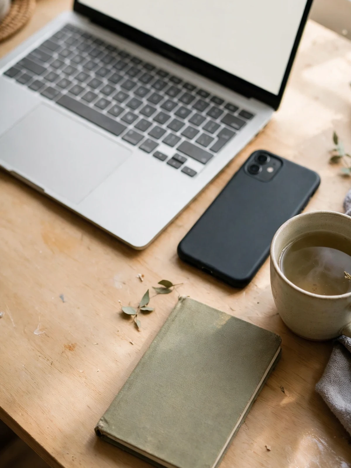 A calm desk with a laptop showing a blank screen, a phone face down beside it, a notebook and a cup of tea