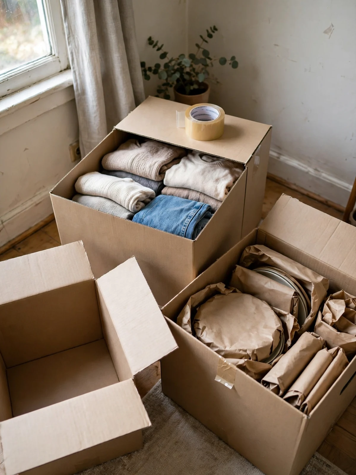 Cardboard moving boxes being packed calmly with folded clothes and paper-wrapped plates in a bright room