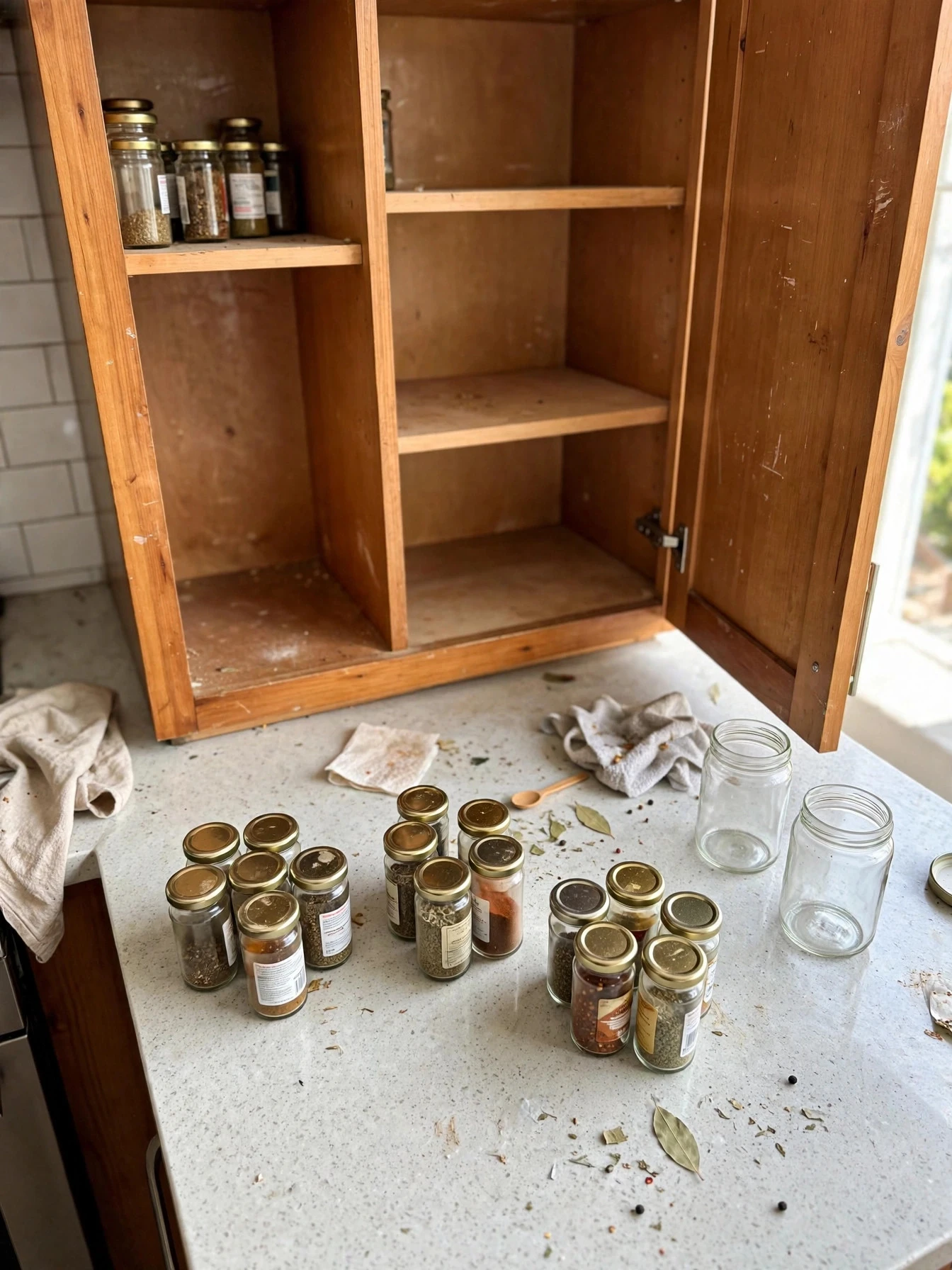 A decluttered kitchen with clear worktops and neatly organized cabinets