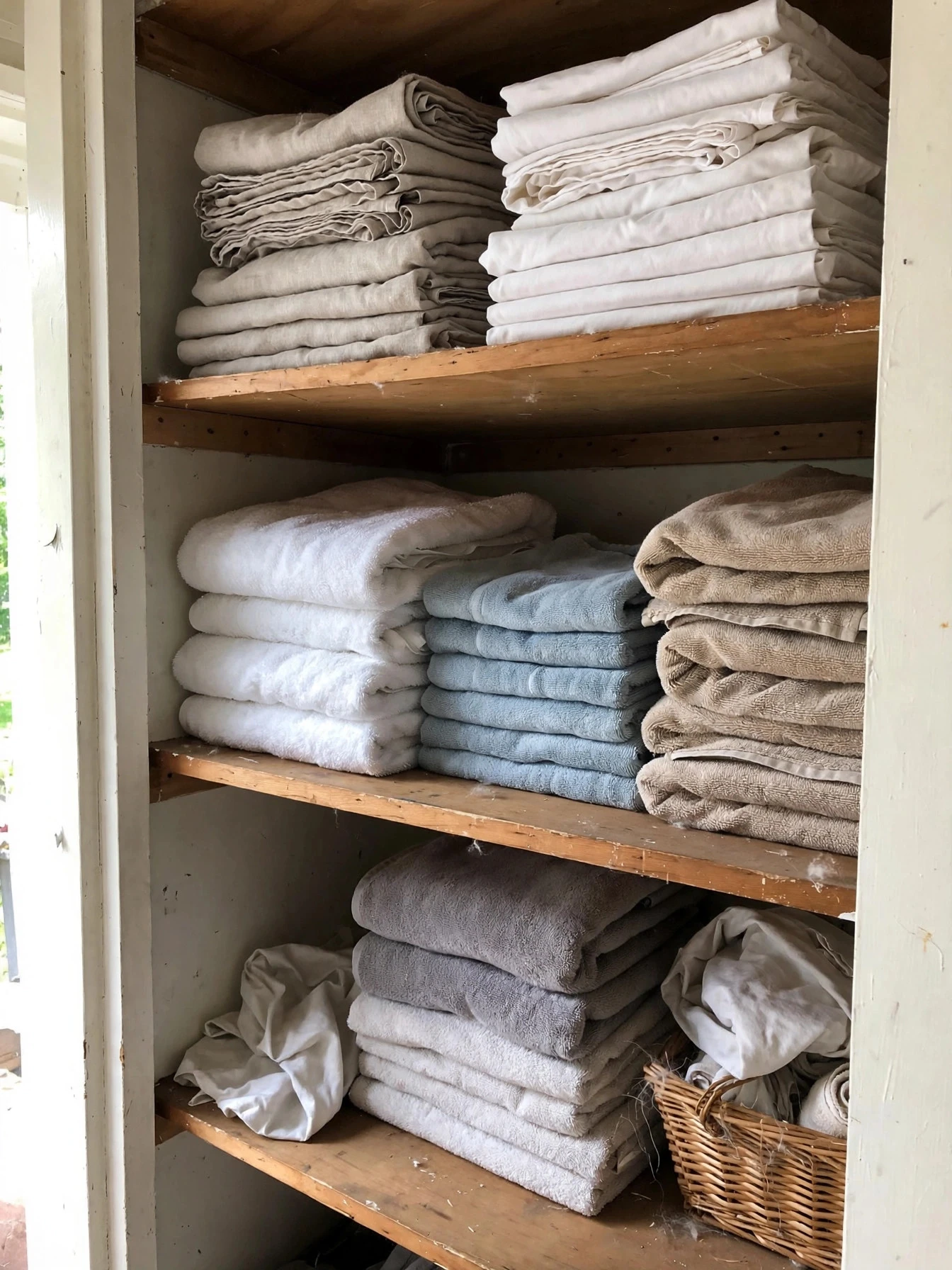A closet cleanout in progress with clothes sorted into keep and donate piles