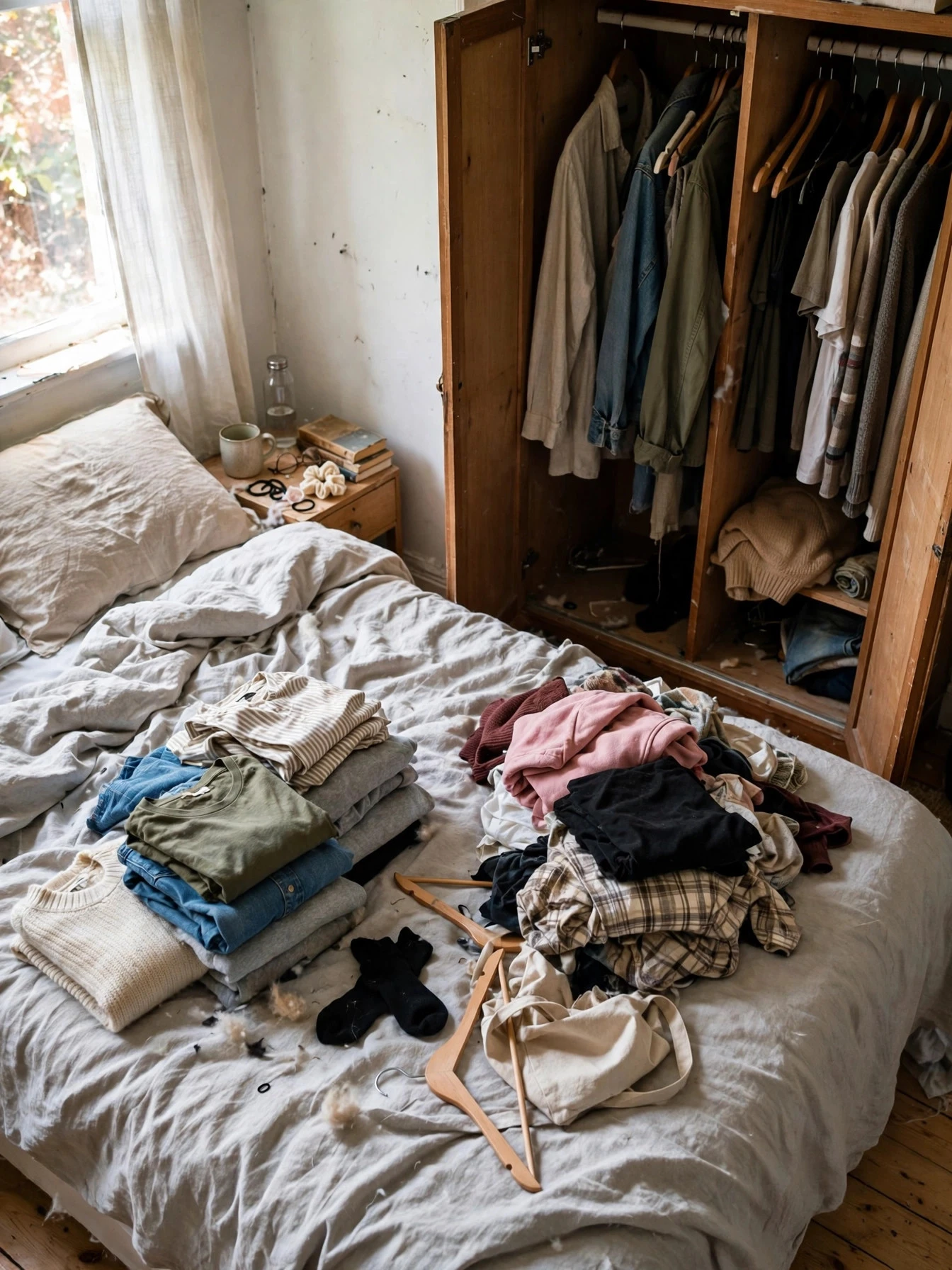 A closet cleanout in progress with clothes sorted into keep and donate piles