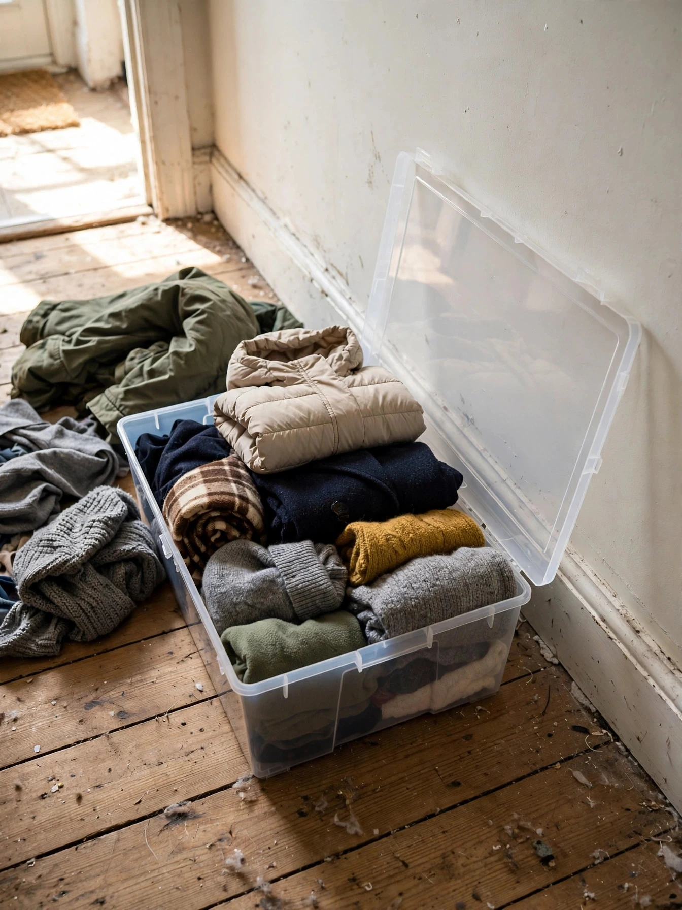 A closet cleanout in progress with clothes sorted into keep and donate piles