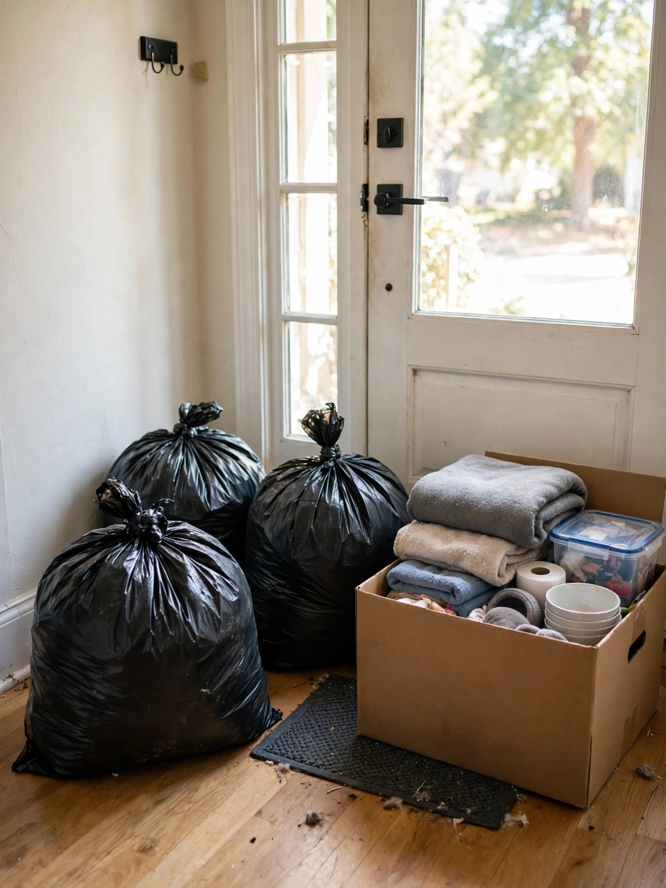Filled donation bags lined up by the front door, ready to drop off at a charity shop