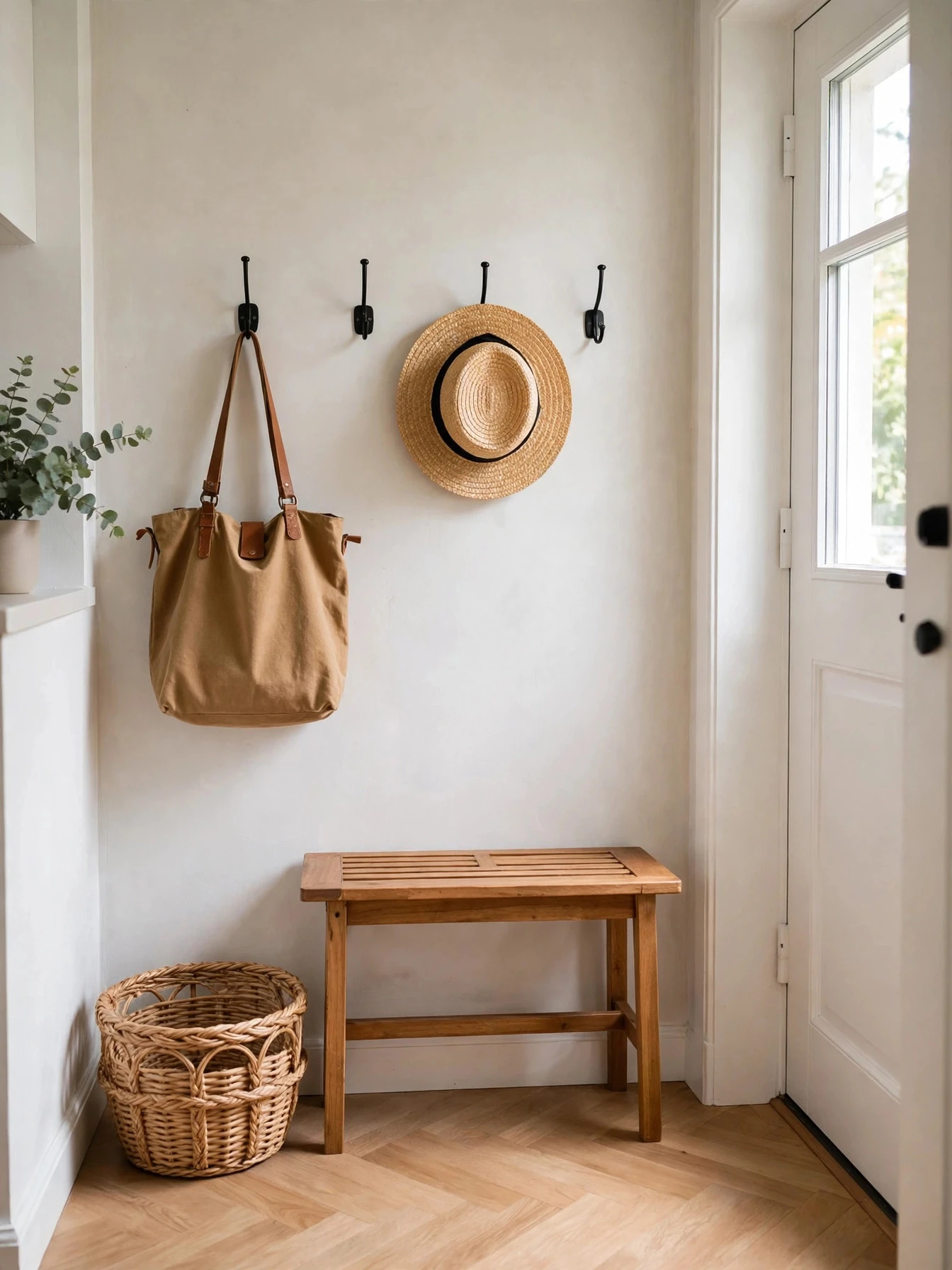 A calm, organized corner of a home with a small plant and clutter-free open shelves