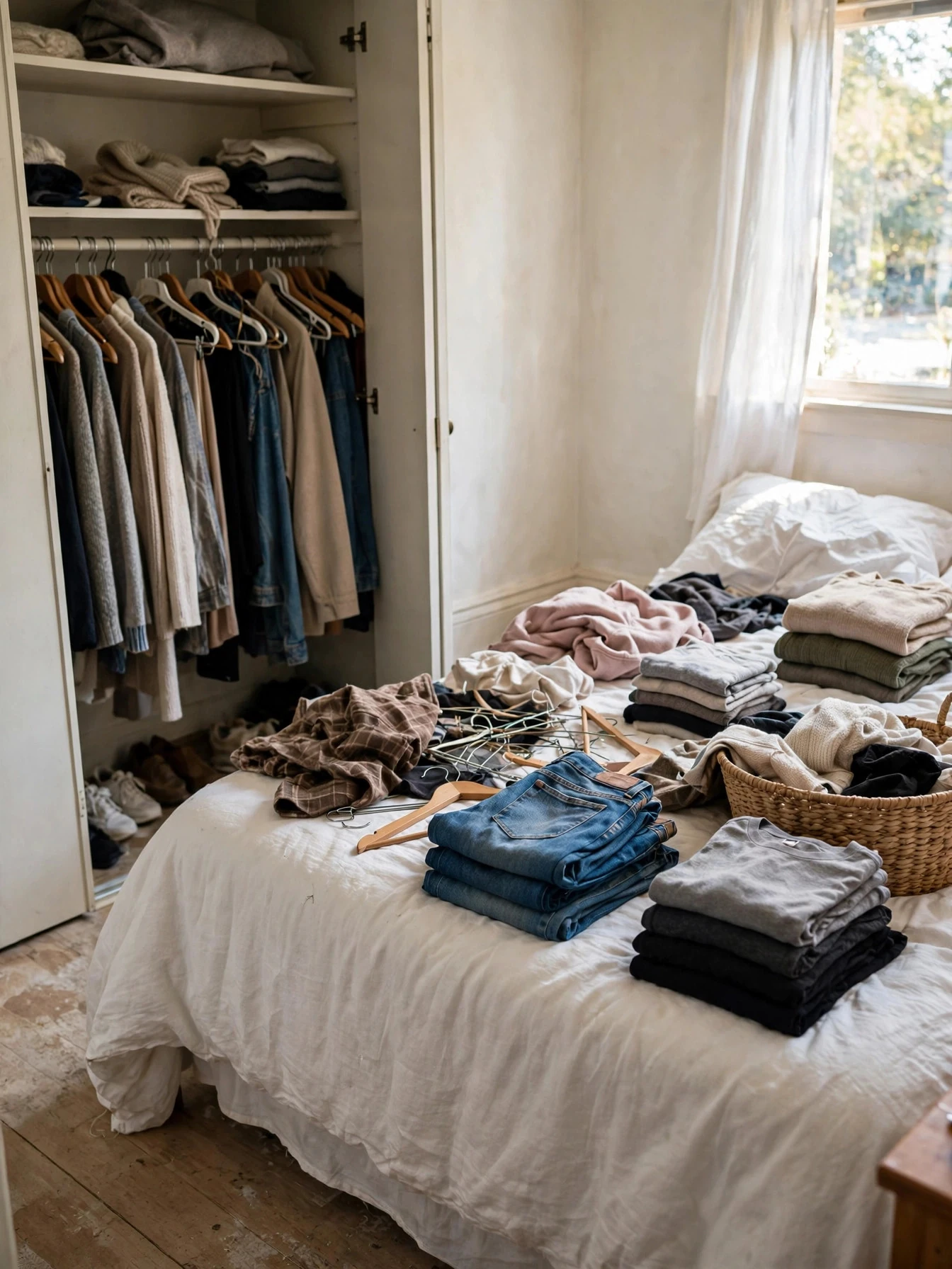 A closet cleanout in progress with clothes sorted into keep and donate piles