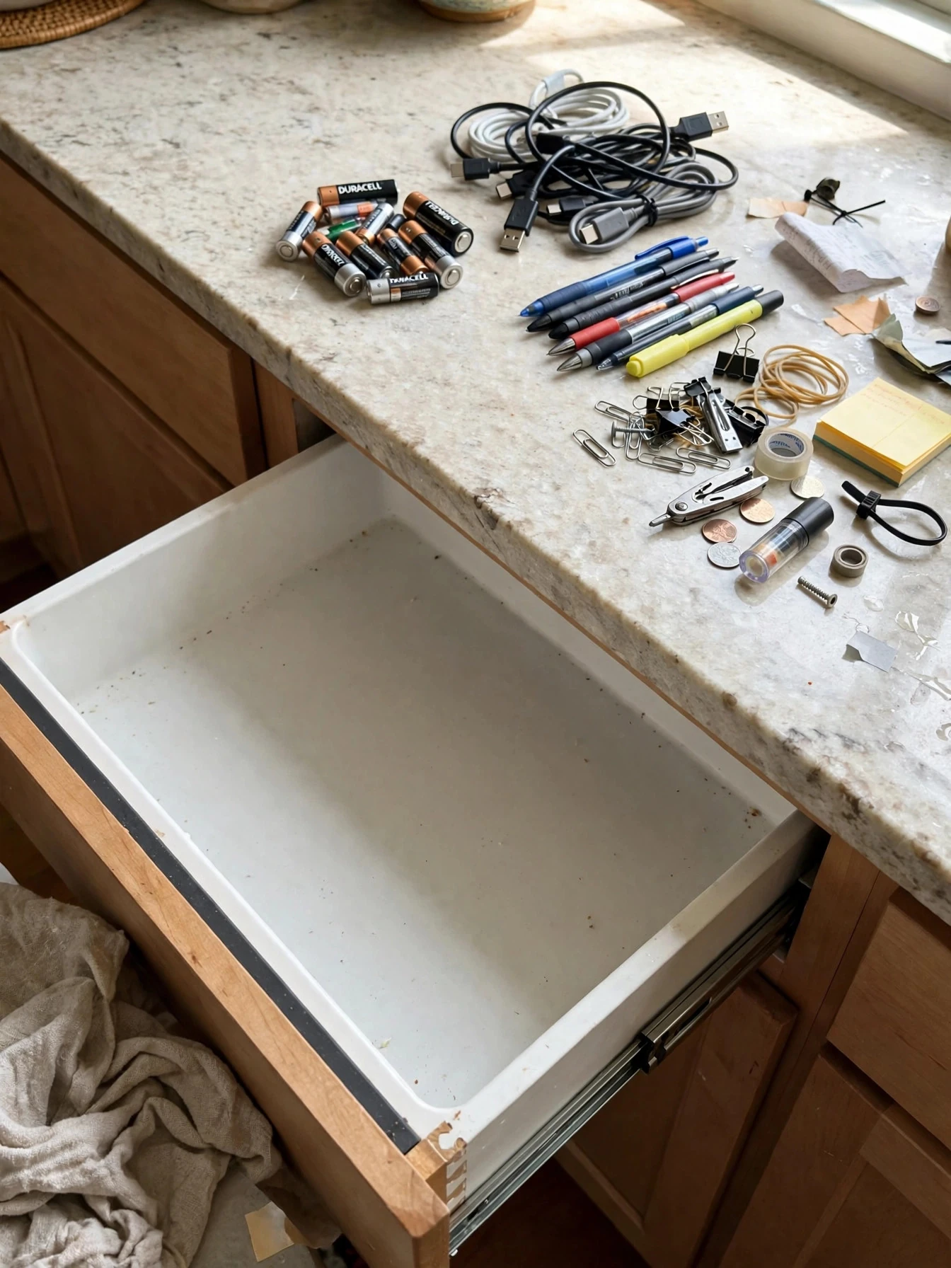An organized junk drawer with dividers keeping batteries, tape and small tools in their own sections