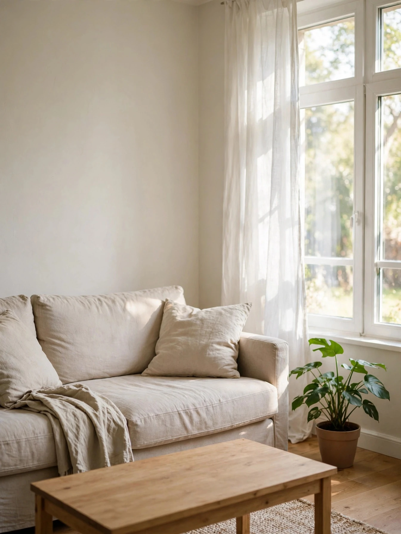A calm, tidy living room with clear surfaces after completing a 30-day declutter challenge