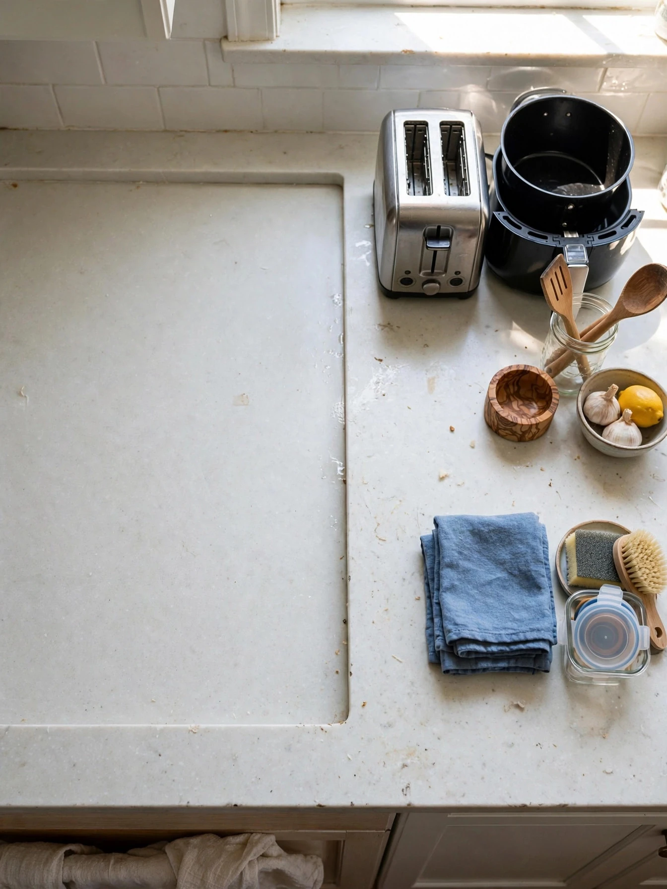 A decluttered kitchen with clear worktops and neatly organized cabinets