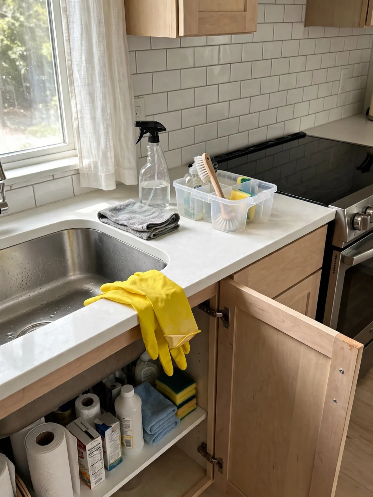 A kitchen sink and spotless counter mid deep clean, with a cleaning caddy, spray bottle, yellow gloves and an open under-sink cabinet