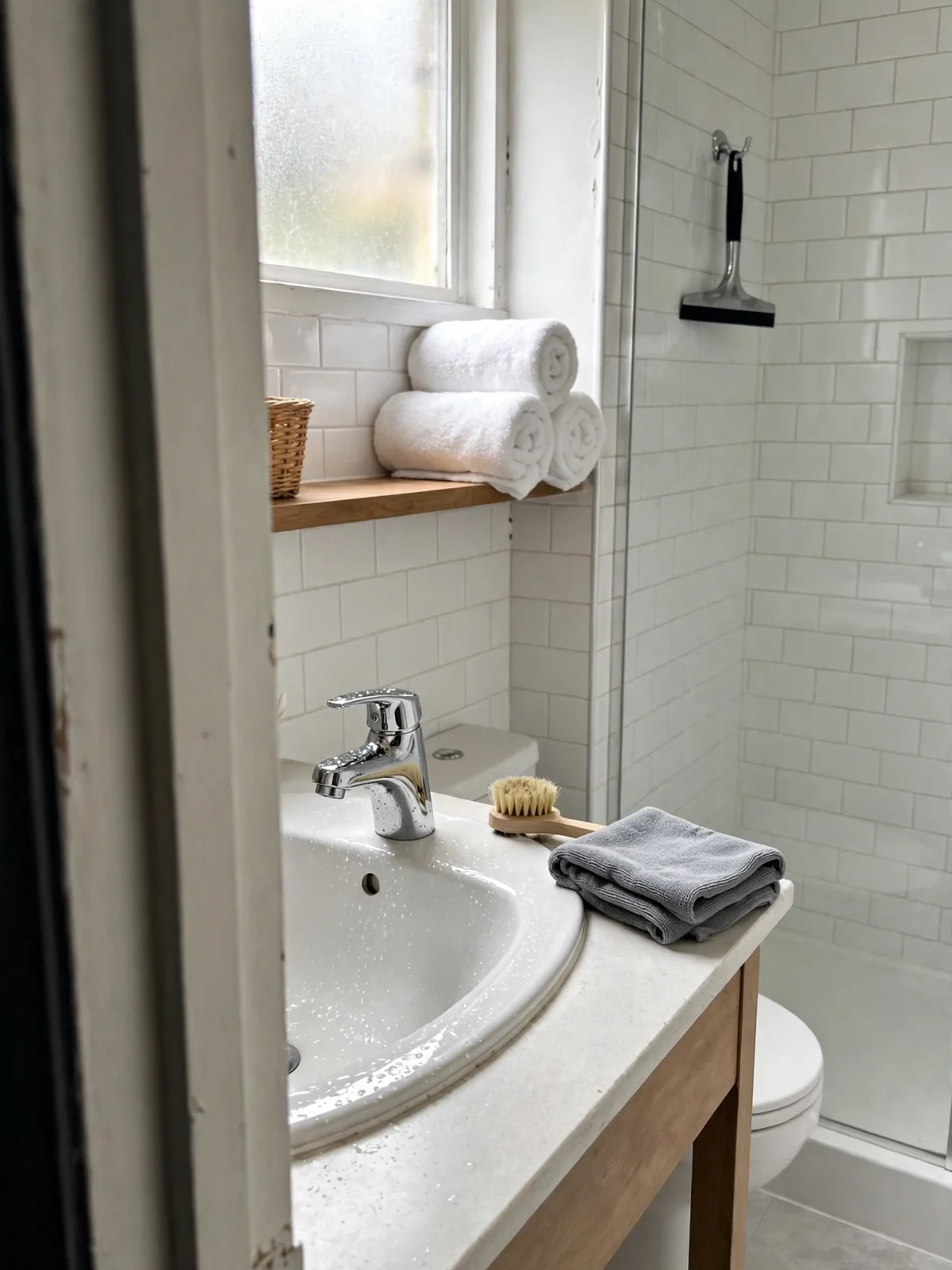 A sparkling clean bathroom sink with a polished chrome faucet, scrub brush and folded cloth on the counter and rolled white towels on a shelf