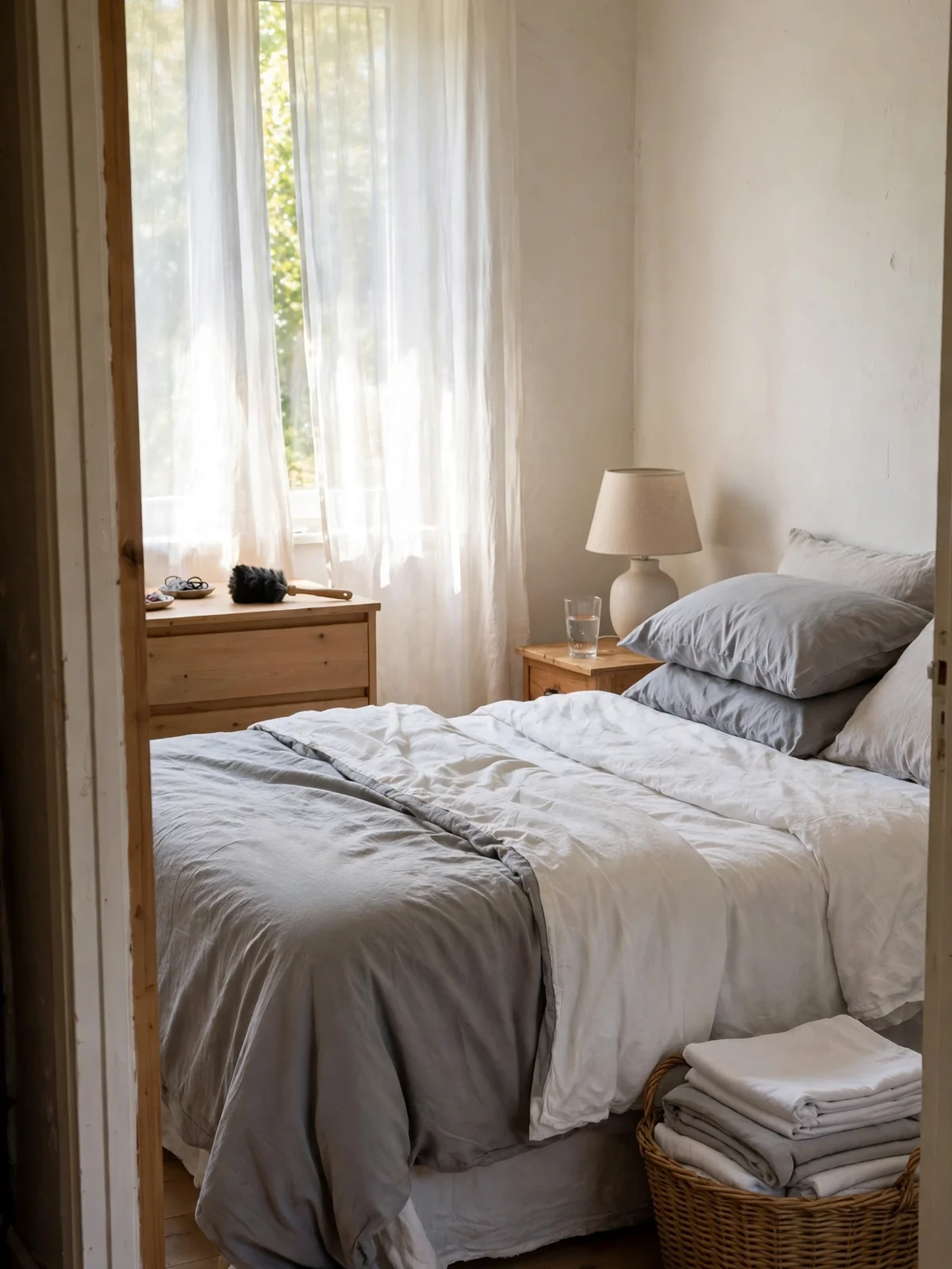 A freshly deep-cleaned bedroom with a made bed in white and grey bedding, a basket of folded fresh sheets and a duster on the dresser