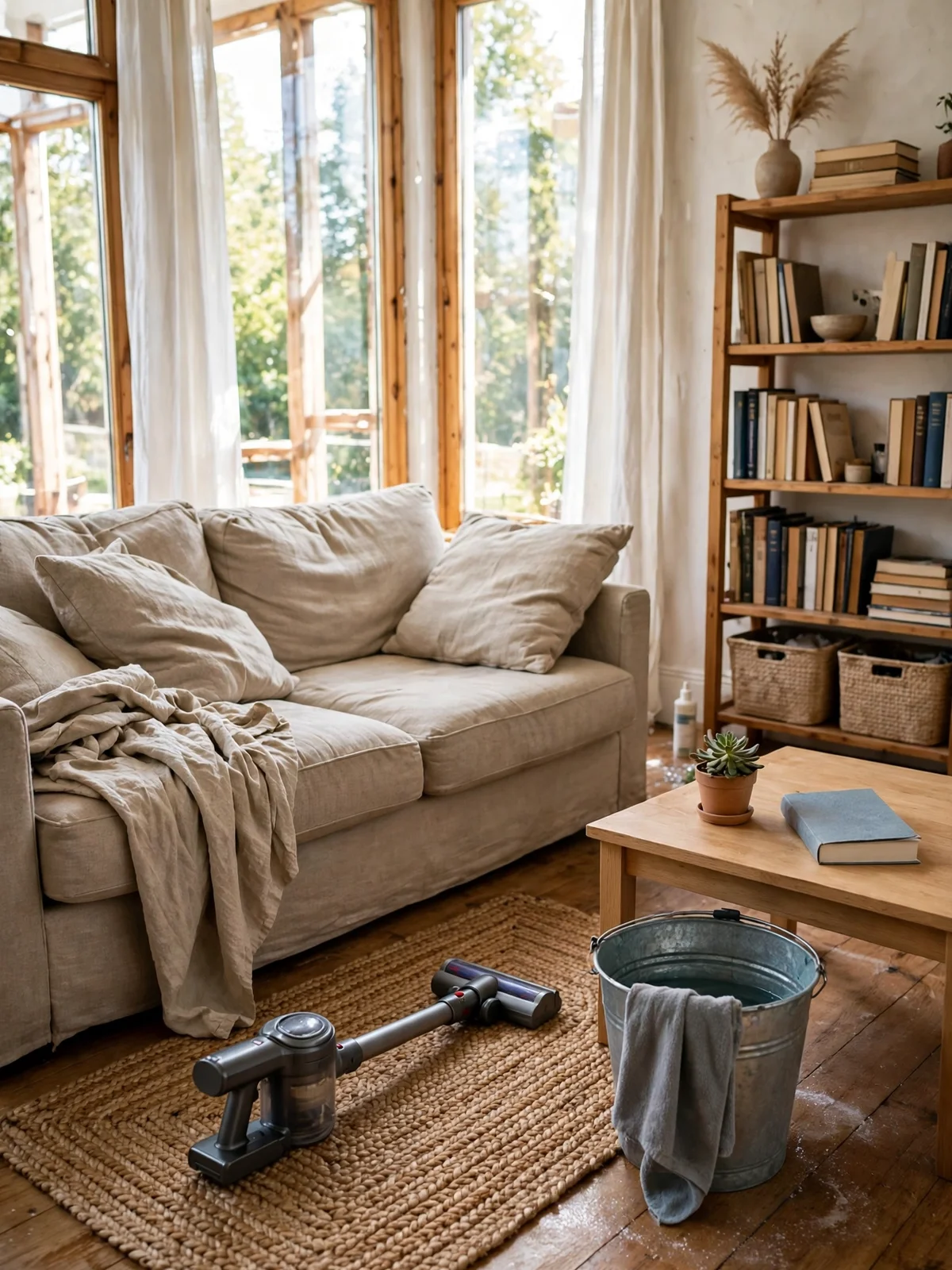 A living room mid deep clean with a cordless vacuum on a woven rug, a bucket and cloth by the coffee table and dusted bookshelves