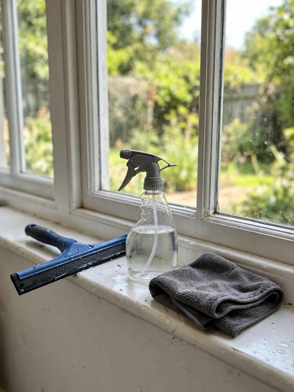 A squeegee, spray bottle and folded microfiber cloth resting on a clean windowsill in front of bright garden windows