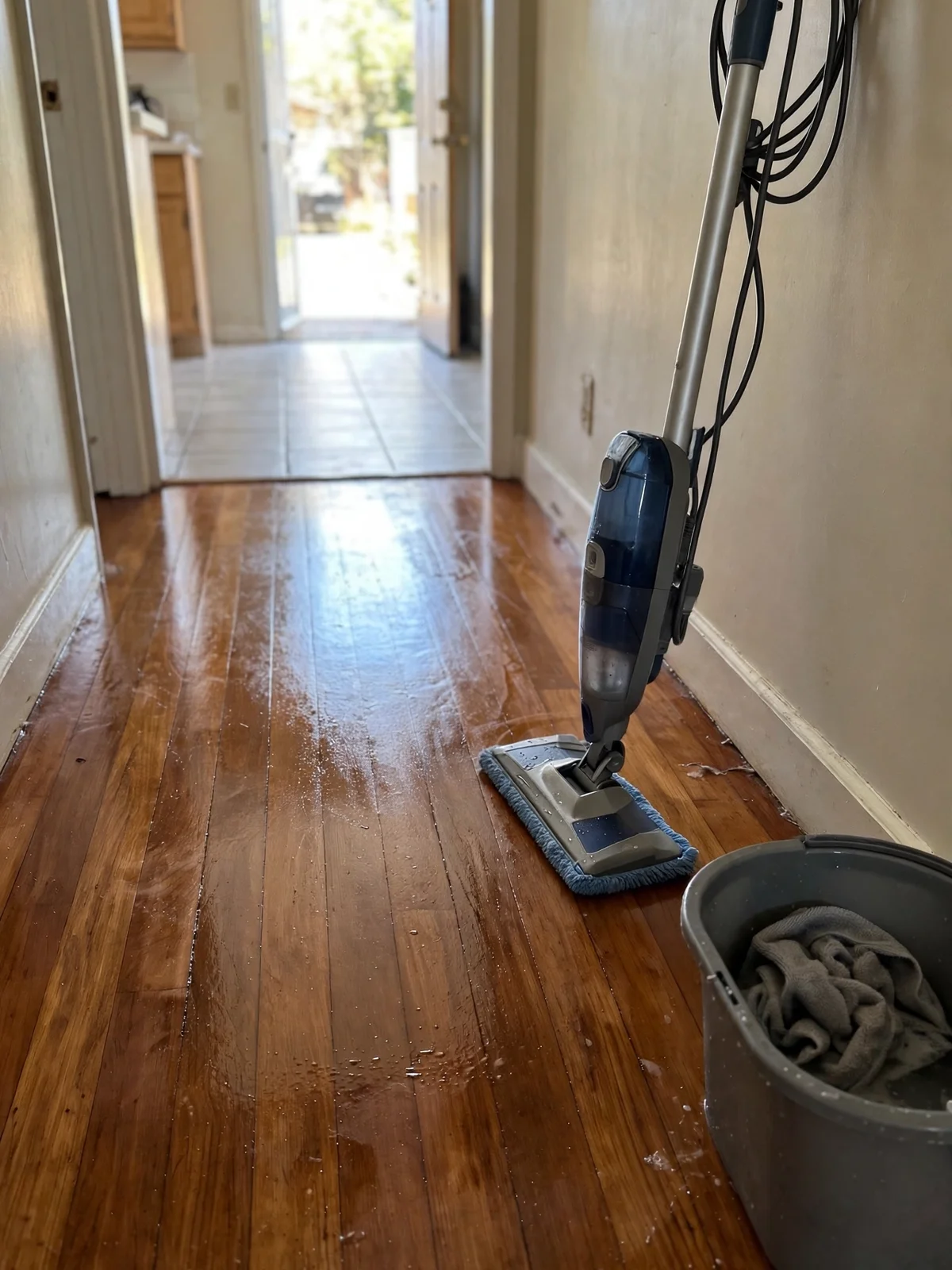 A steam mop resting on a shining hardwood hallway floor with a bucket and wrung-out cloth nearby and clean tiles in the background